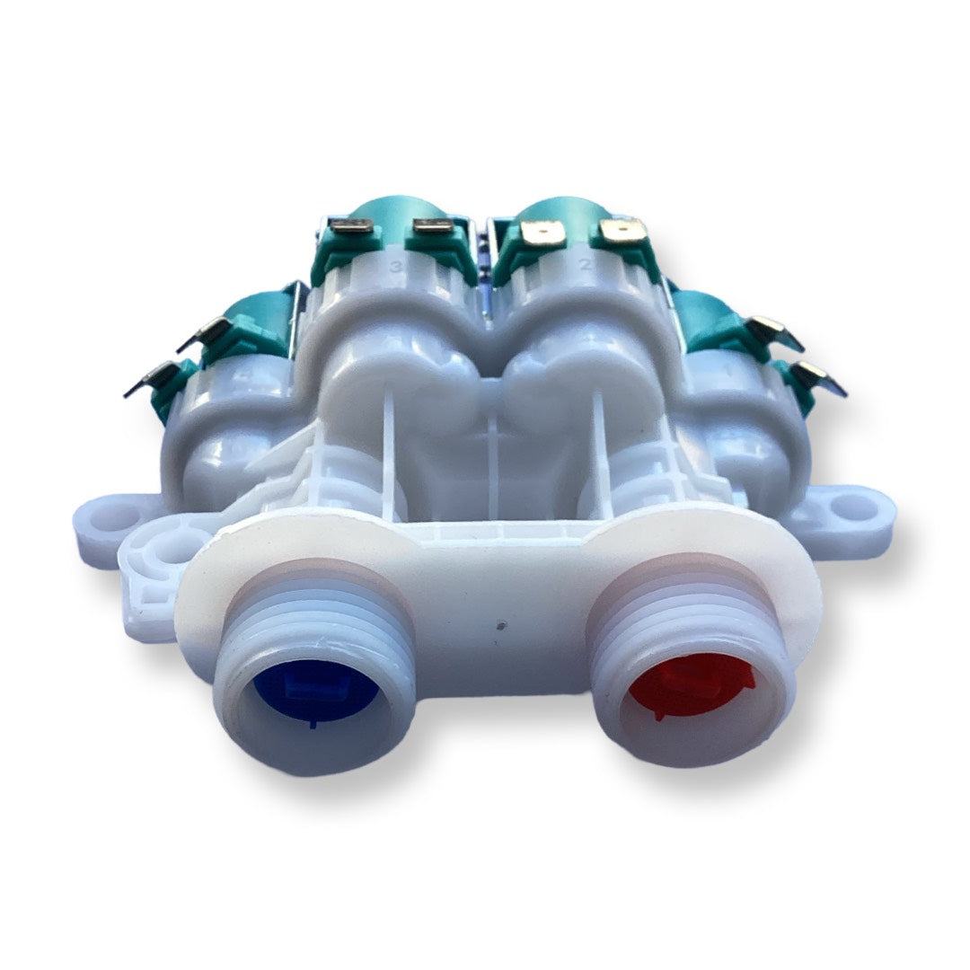 W11165546 Water Inlet Valve for Whirlpool top-load washers, durable plastic and metal, ensures proper water flow.