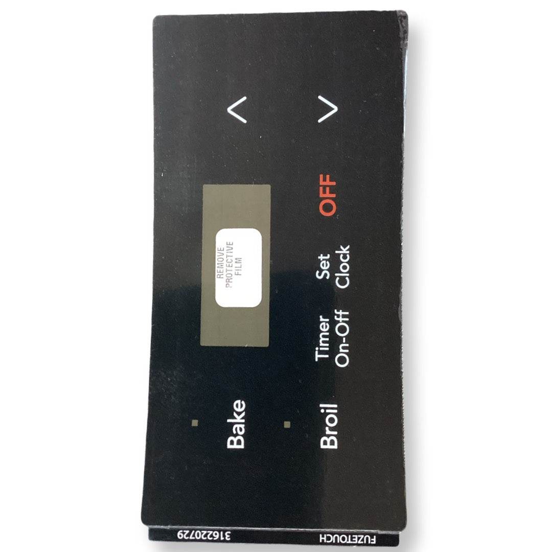 316220729 Frigidaire black clock overlay OEM replacement for appliance control panels.