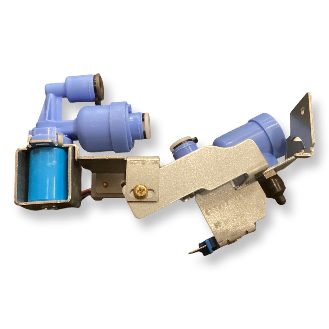 GE WR57X27527 Water Inlet Valve for GE refrigerators, OEM replacement part with blue valve parts and metal bracket.