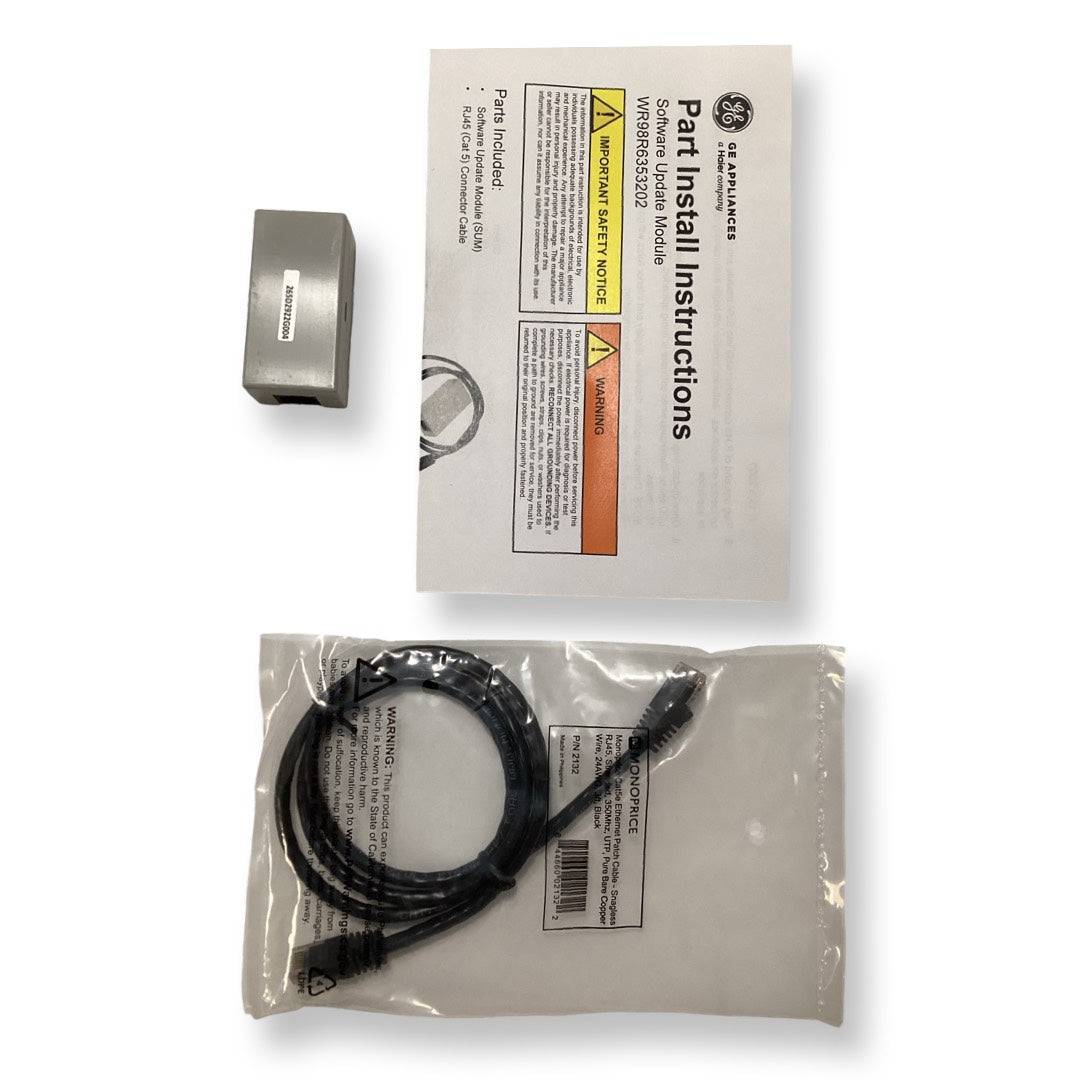 WR98R6353202 Refrigerator Module OEM replacement part for GE refrigerators with installation instructions and cable.