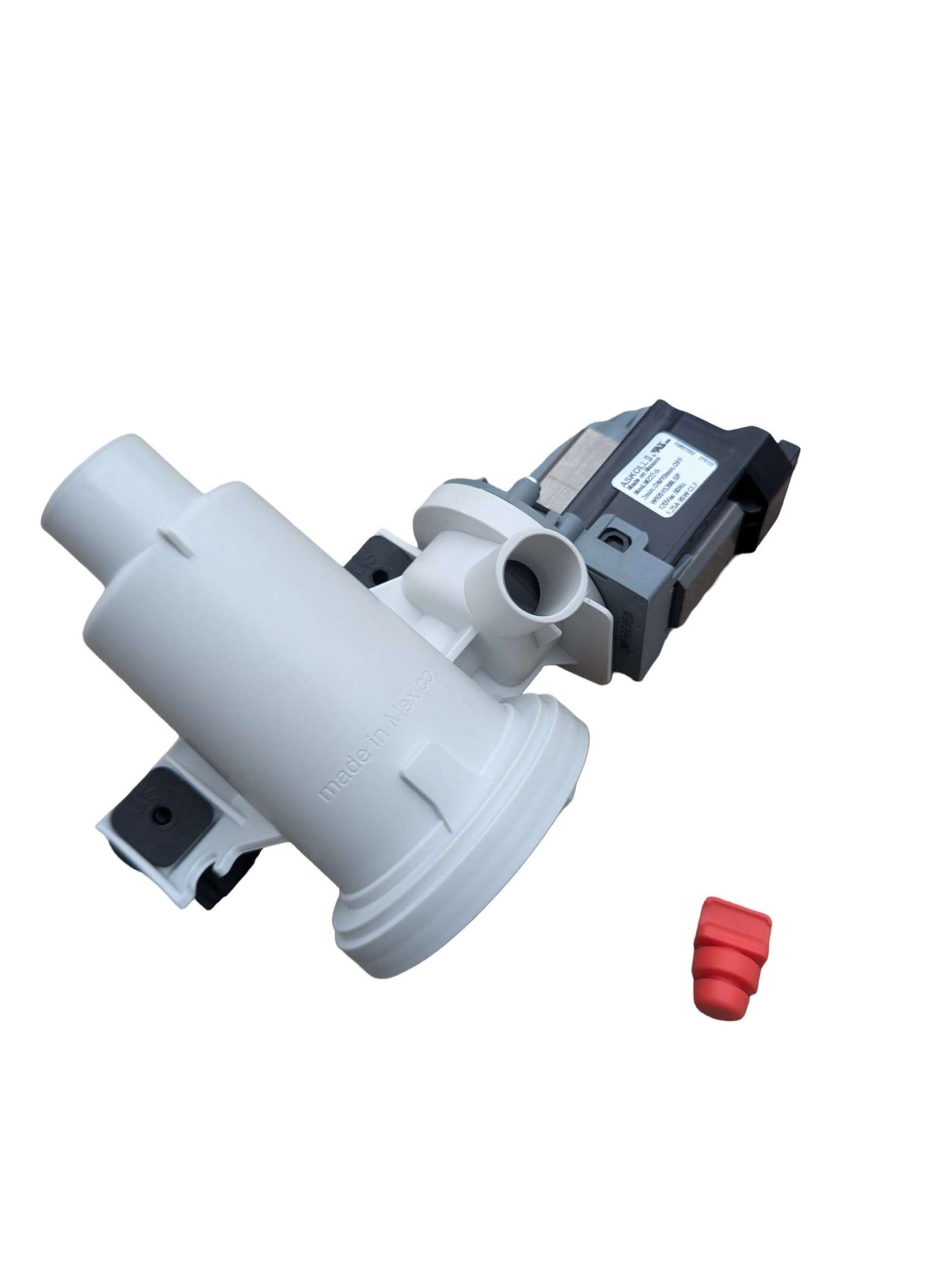 Whirlpool WPW10515399 OEM washing machine drain pump for front load washers with durable plastic housing and electric motor assembly.