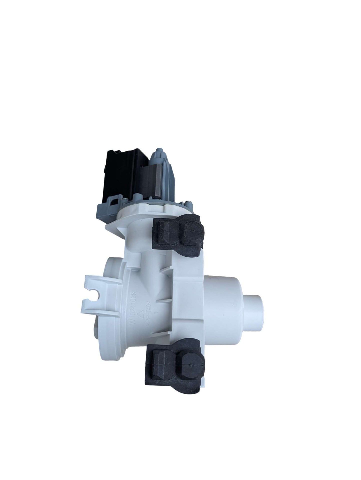 Whirlpool WPW10515399 OEM washing machine drain pump for front load washers, durable plastic housing with motor assembly, replacement part ensuring effective water drainage.