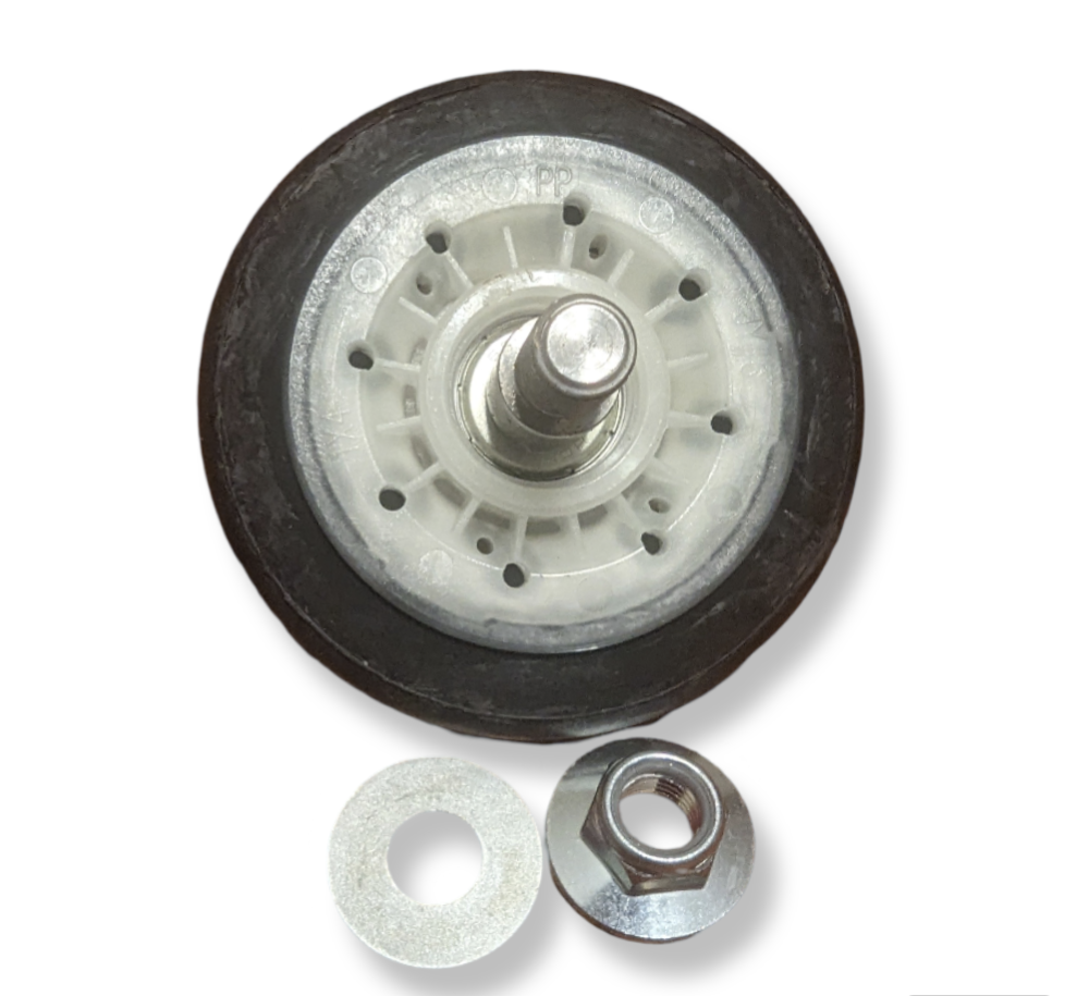 LG 4581EL2002L Roller Assembly (4-Pack) for LG dryers showing a single drum support roller with accompanying washer and nut.