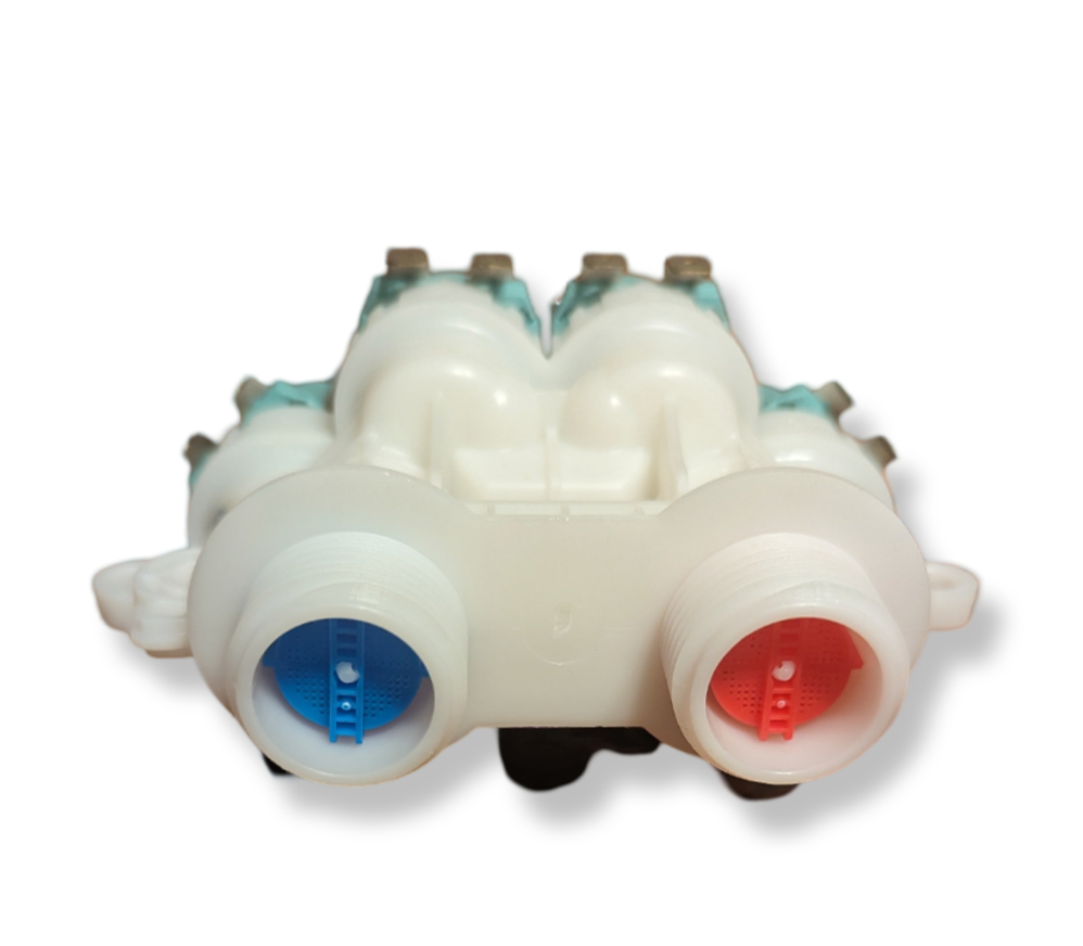 OEM W11165546 top load washer water inlet valve featuring dual ports for efficient water flow replacement.