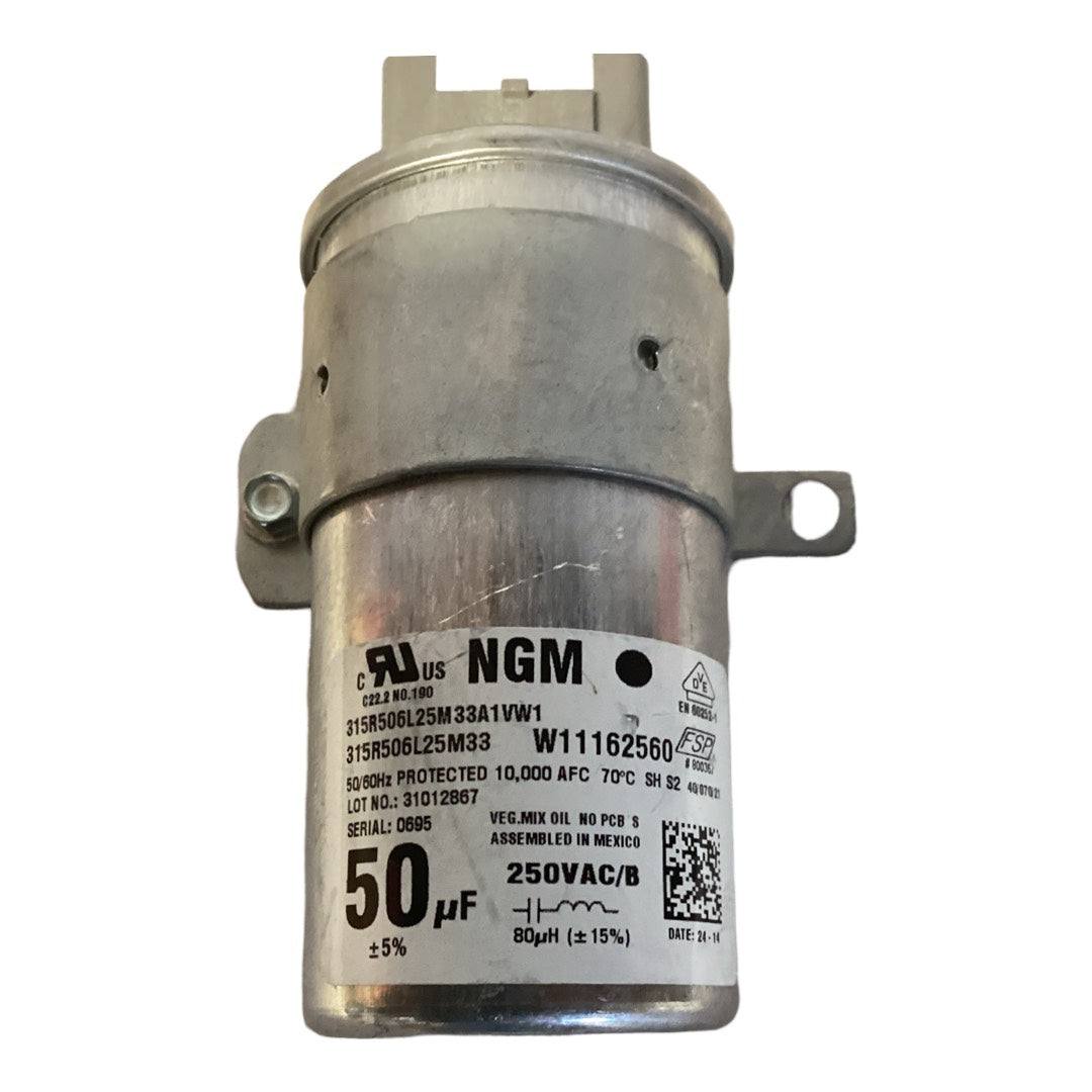 Whirlpool W11395618 washing machine capacitor OEM replacement part for various brands.