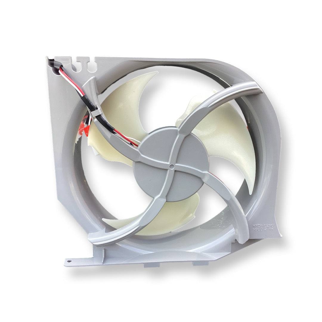 Samsung DA97-15765C condenser fan motor assembly for refrigerators, OEM replacement part.