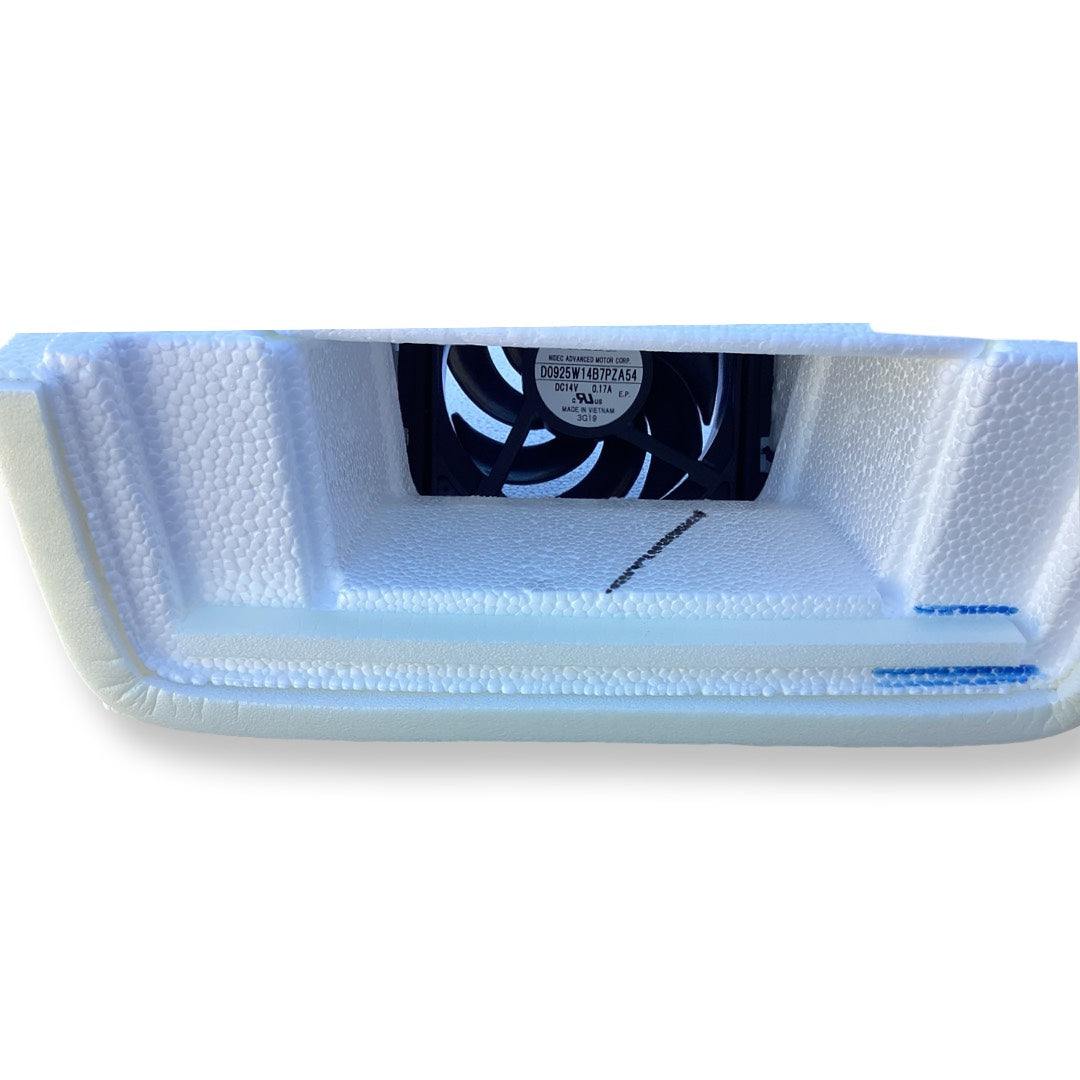 Whirlpool W11098695 Refrigerator Fresh Food Fan Motor in protective packaging, OEM replacement part for Whirlpool and KitchenAid refrigerators.