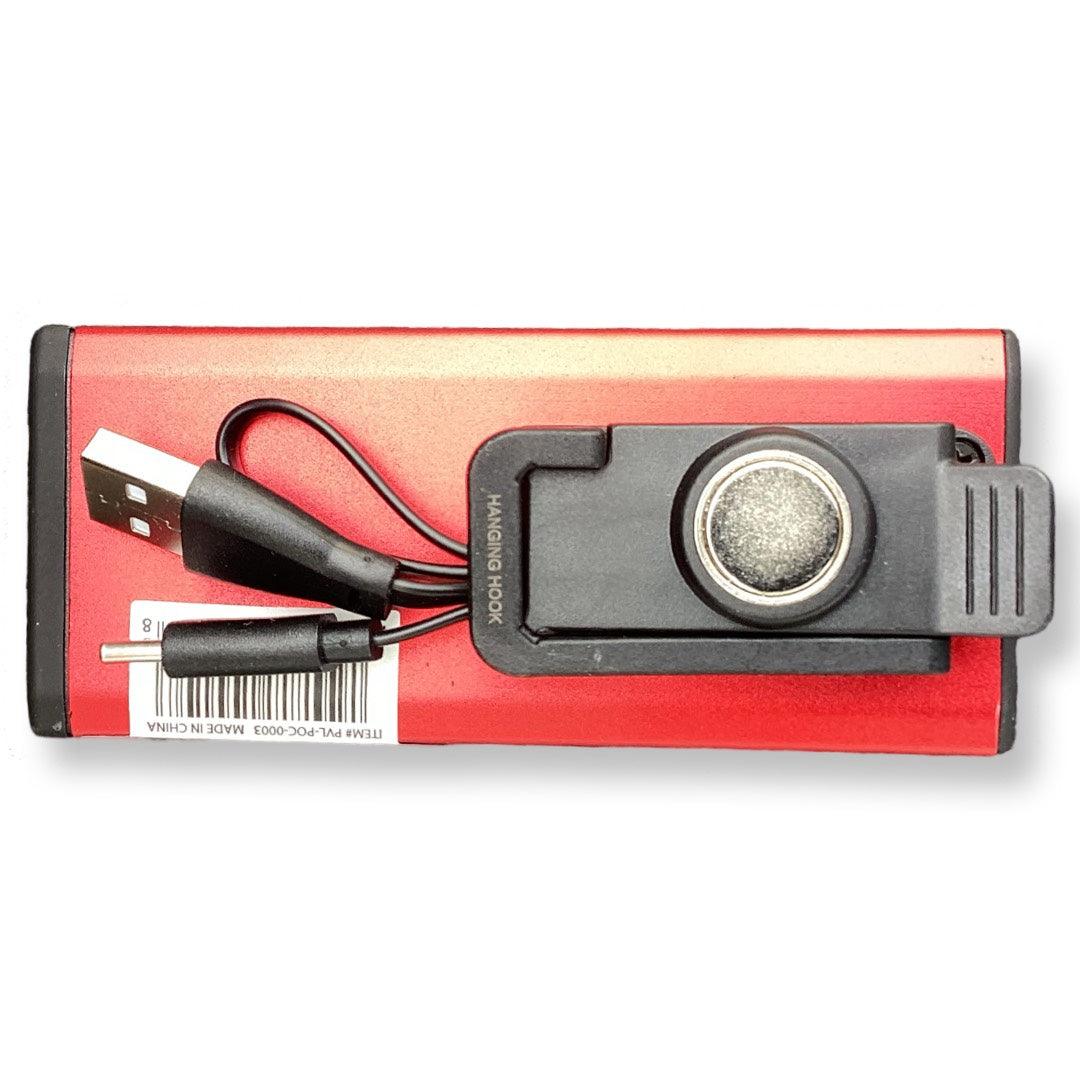 RPL-1 Rechargeable Pocket Flashlight with USB charging cable on red background, compact and durable design.