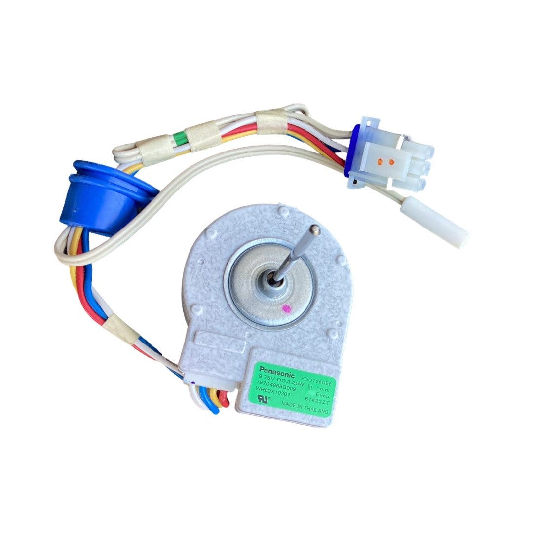 OEM GE WR60X10307 Refrigerator Evaporator Fan Motor for efficient cooling and reliable airflow.