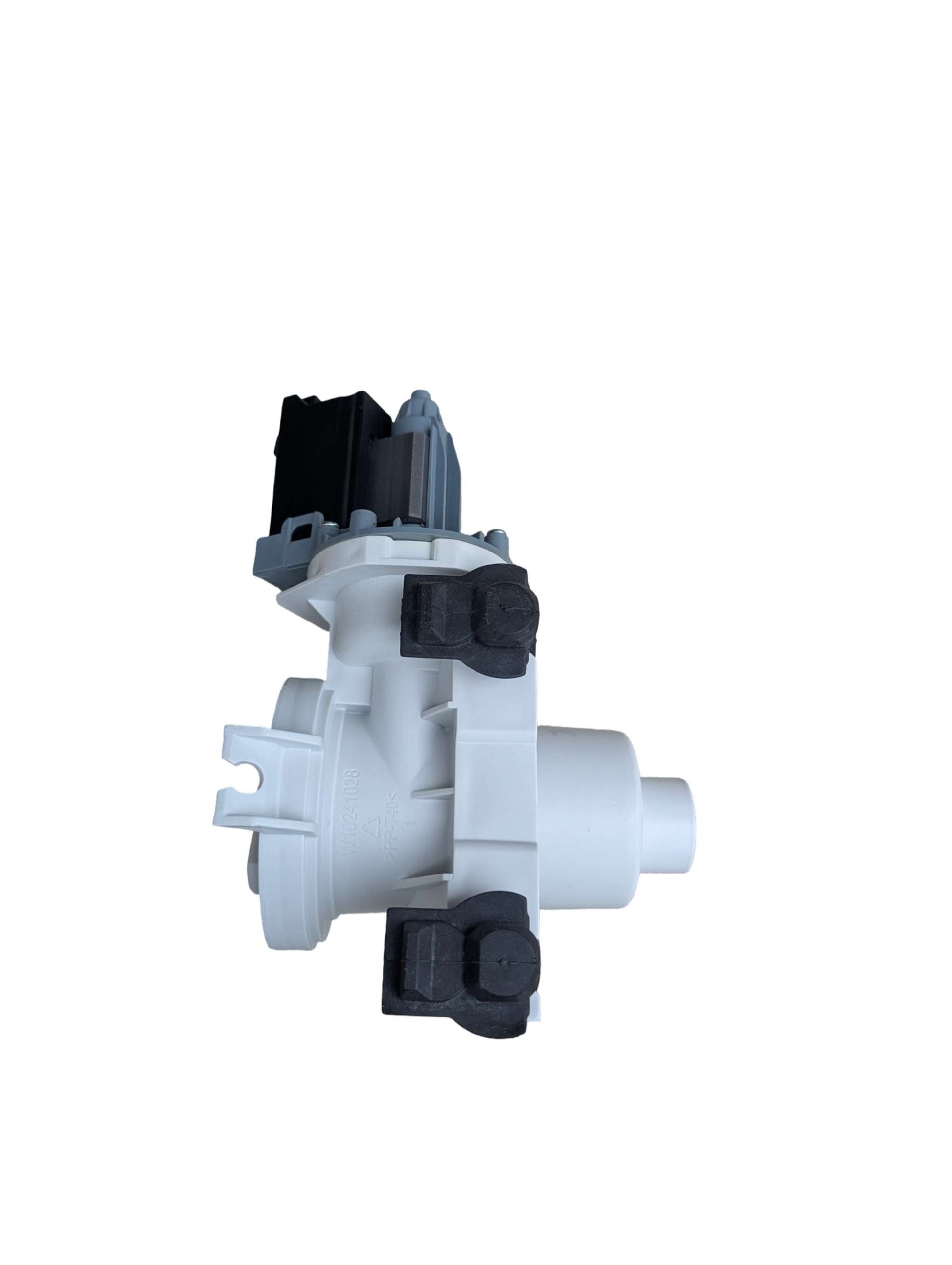 Whirlpool WPW10515399 OEM washing machine drain pump for front load washers, durable plastic housing with motor assembly, replacement part ensuring effective water drainage.