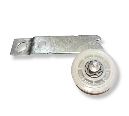Dryer idler pulley and bracket replacement part for Whirlpool Cabrio and Maytag models, metal and plastic construction.